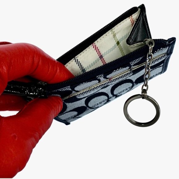_ Coach NEW without tags Leather and Jacquard ID/Coin Purse/Key Ring - Picture 2 of 8